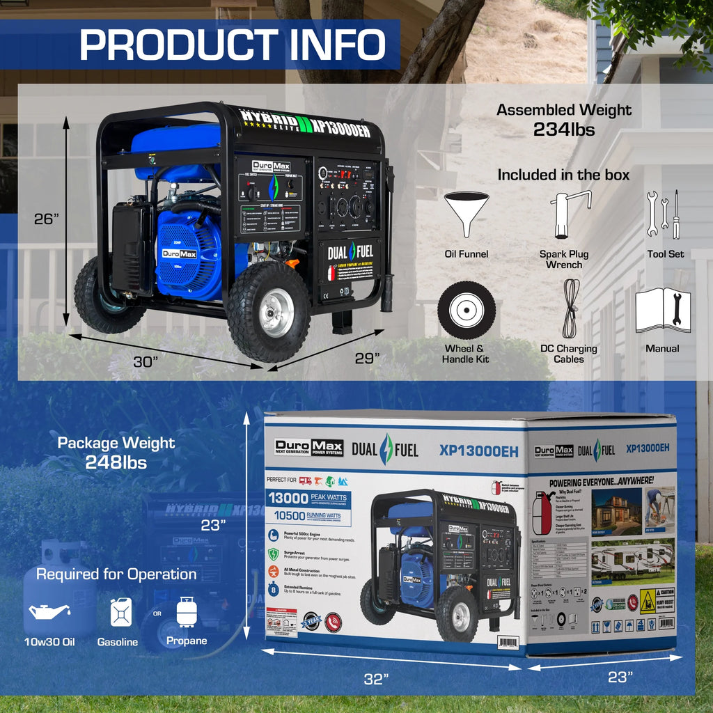 13,000-Watt 500cc Portable Hybrid Gas Propane Generator T82813