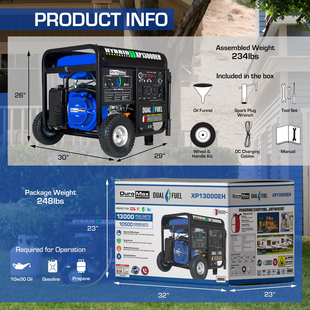 13,000-Watt 500cc Portable Hybrid Gas Propane Generator T82813