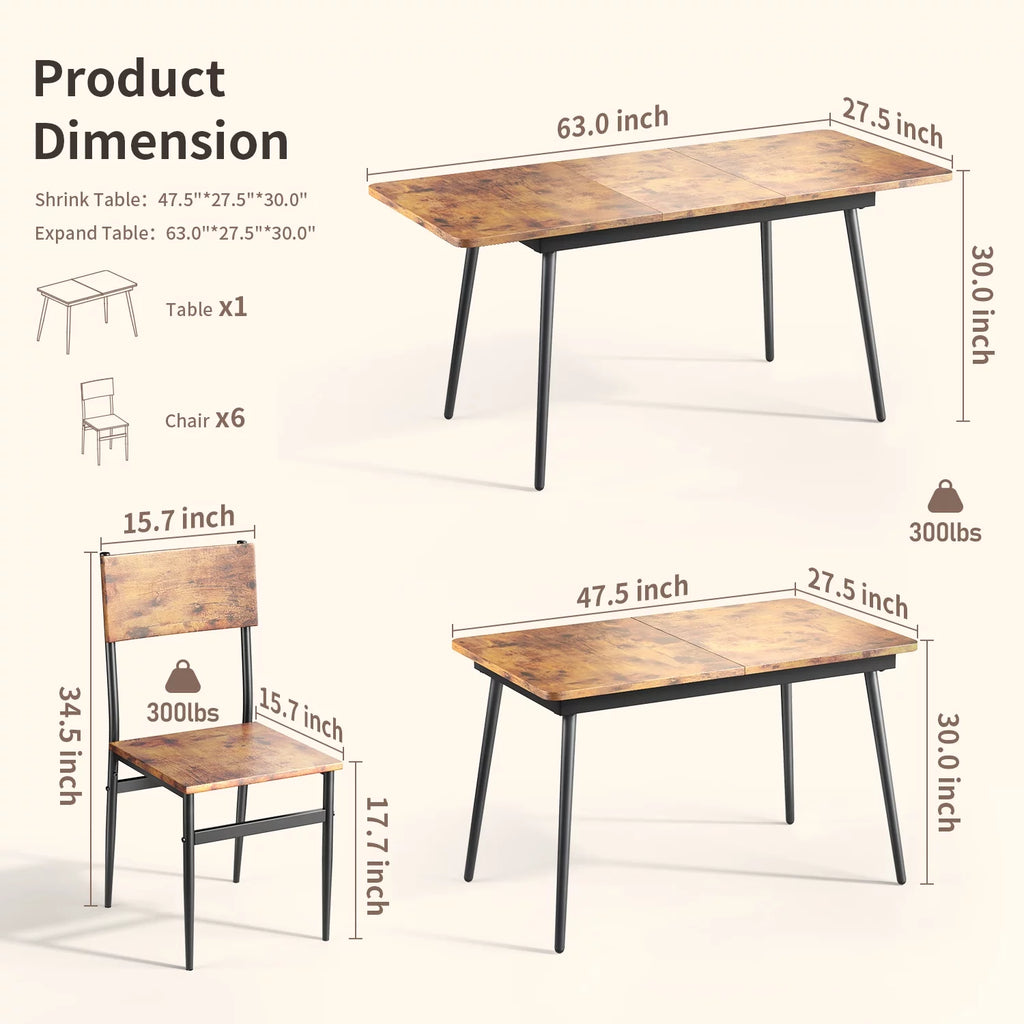 Extendable Kitchen Table Set for 4-6 People, 7-Piece Dining Table Set With 6 Chairs R26002