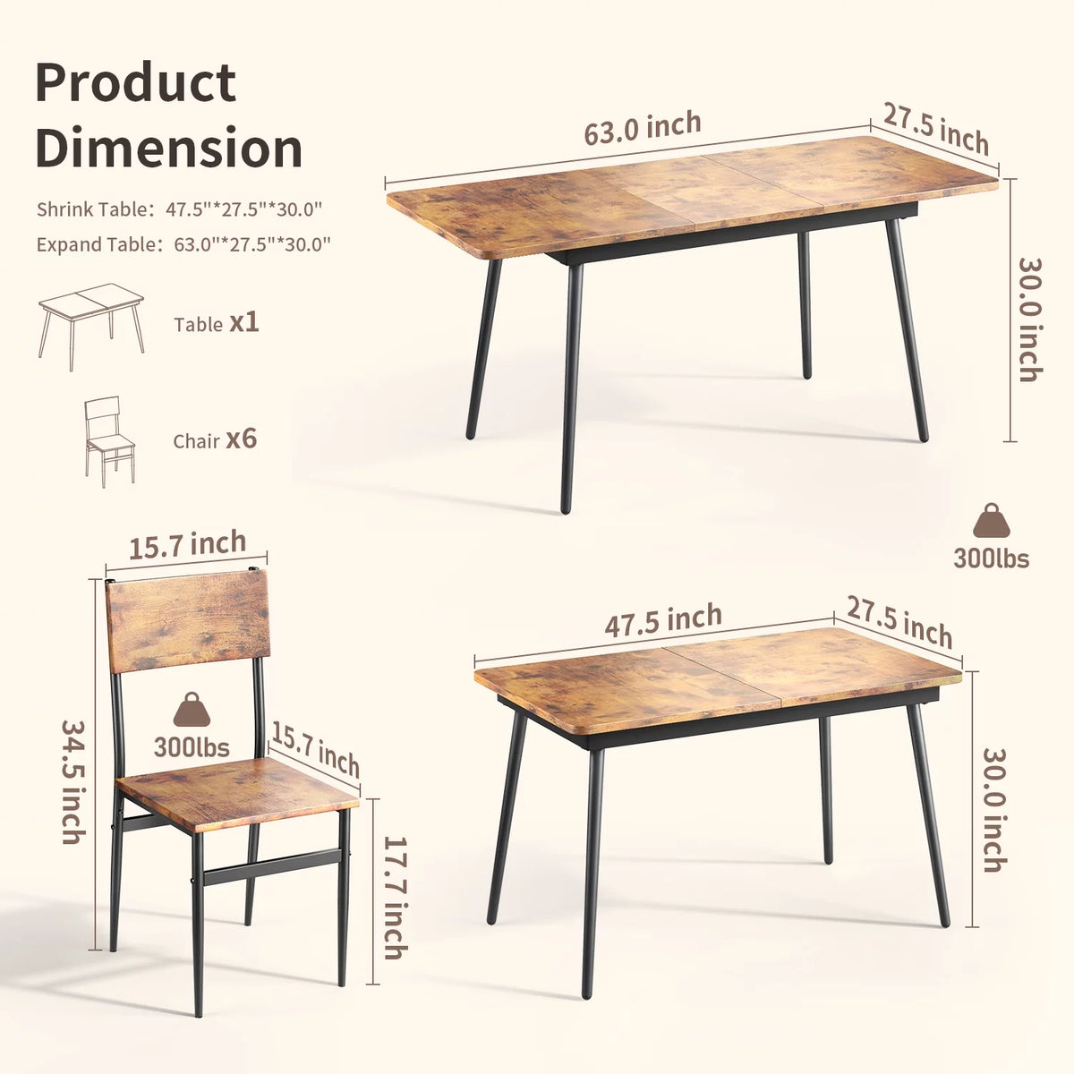 Extendable Kitchen Table Set for 4-6 People, 7-Piece Dining Table Set With 6 Chairs R26002