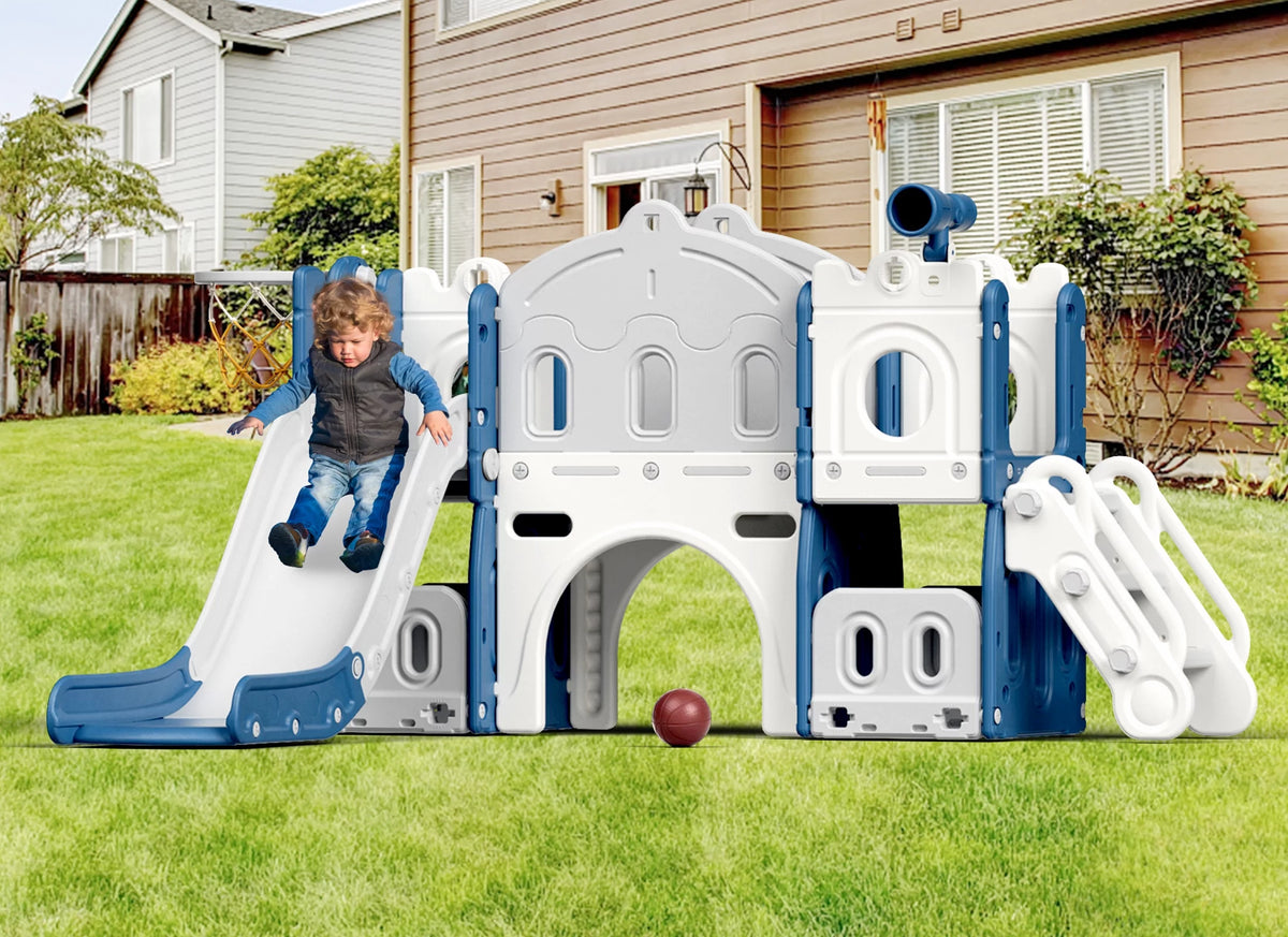 8 in 1 Toddler Slide with Climber, Basketball Hoop, Tunnel and Storage Space D100120