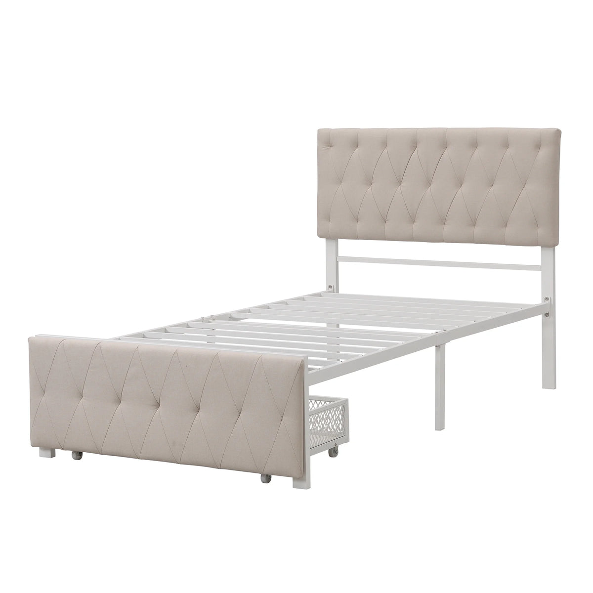 Beige Twin Size Metal Platform Bed with Linen Upholstered Headboard and Storage Drawer Q509652