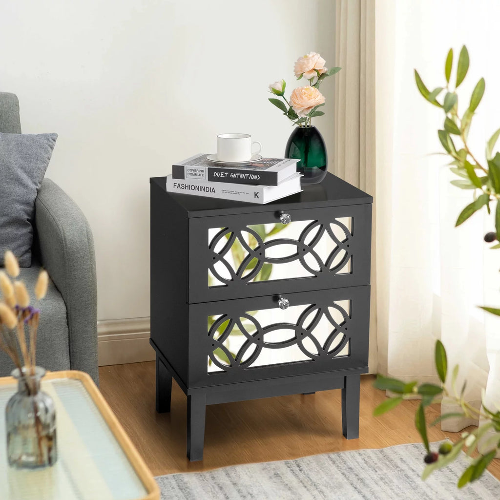 Black Modern Bedside Table with Storage Drawers and Smoked Mirror R690