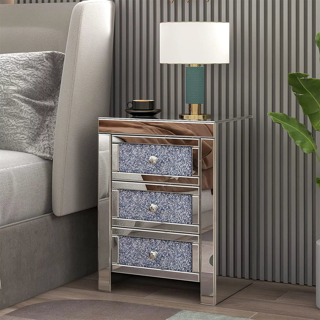 Mirrored 3-Drawer Crystal Nightstand Y3915