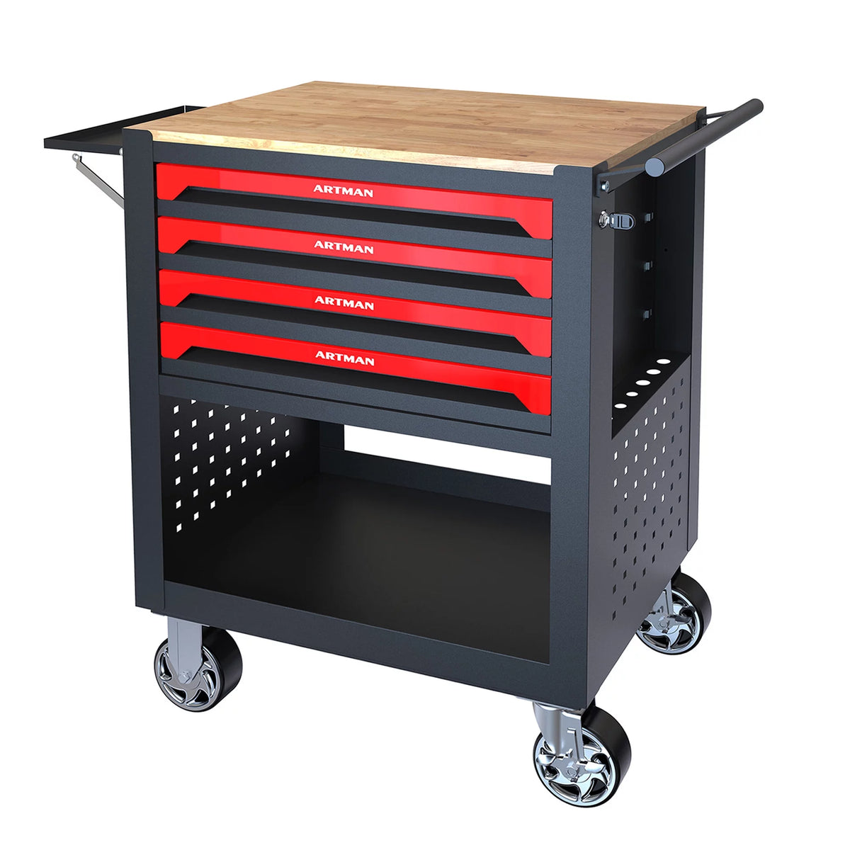4-Tier Rolling Tool Cart with Cabinet and Wooden Top T3880