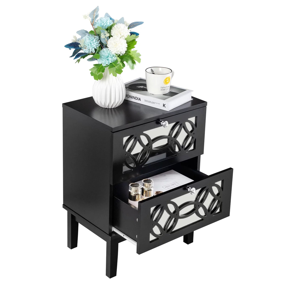Black Modern Bedside Table with Storage Drawers and Smoked Mirror R690