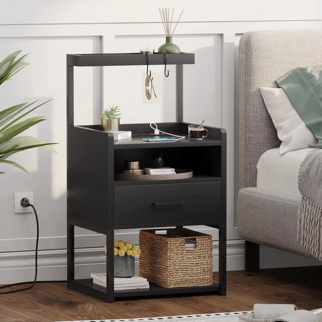 Black Nightstand with Charging Station and LED Lights B2726