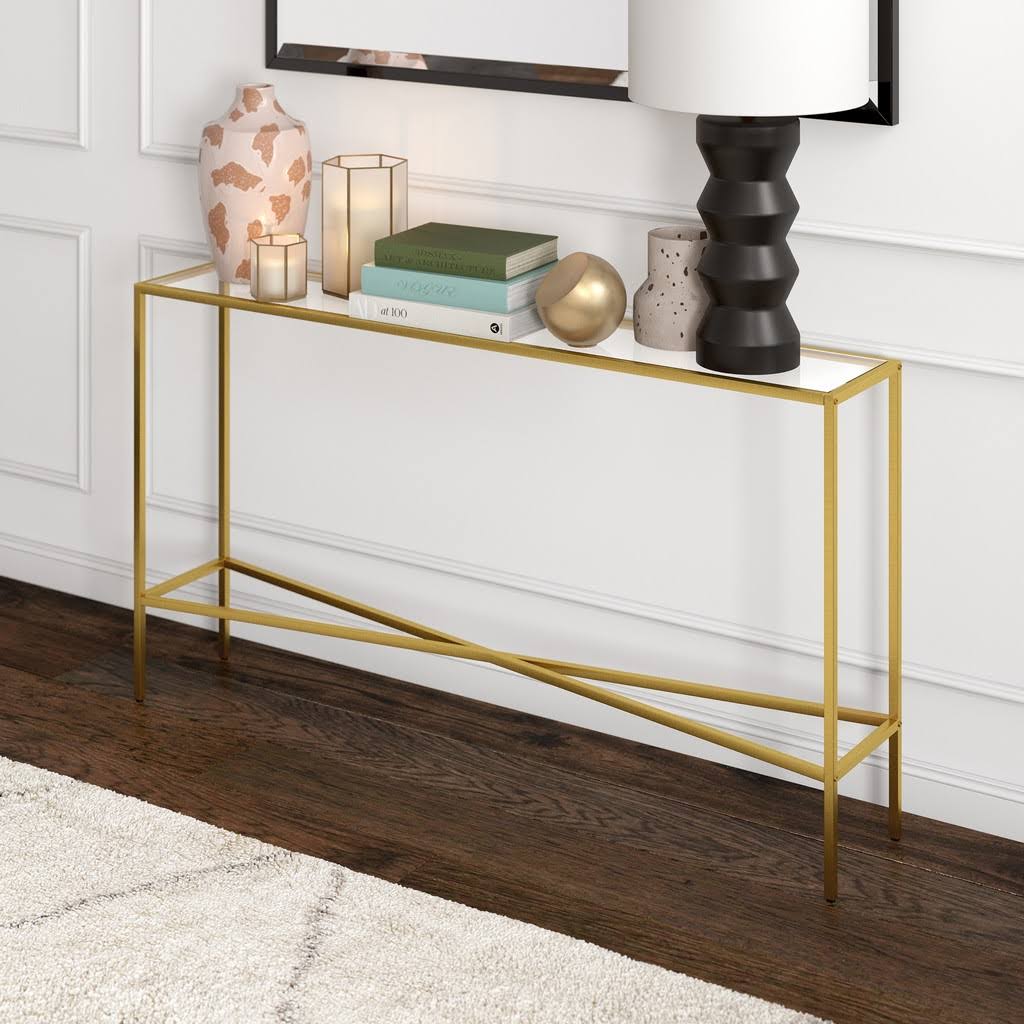55x22 Brass Finish Console Table with Glass Tabletop K548