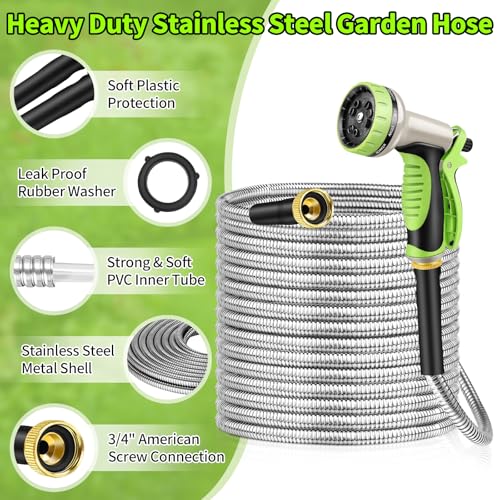 50FT Stainless Steel Heavy Duty Garden Hose with 10 Function Nozzle F222
