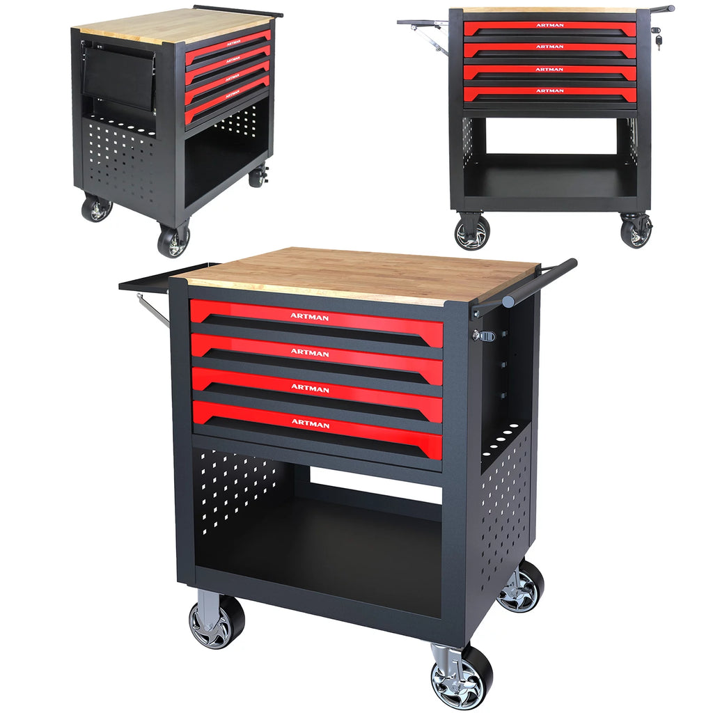 4-Tier Rolling Tool Cart with Cabinet and Wooden Top T3880