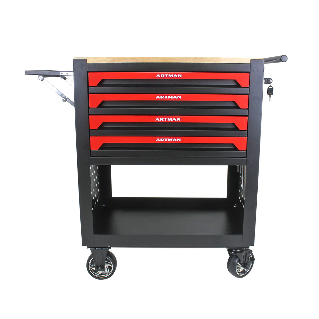 4-Tier Rolling Tool Cart with Cabinet and Wooden Top T3880