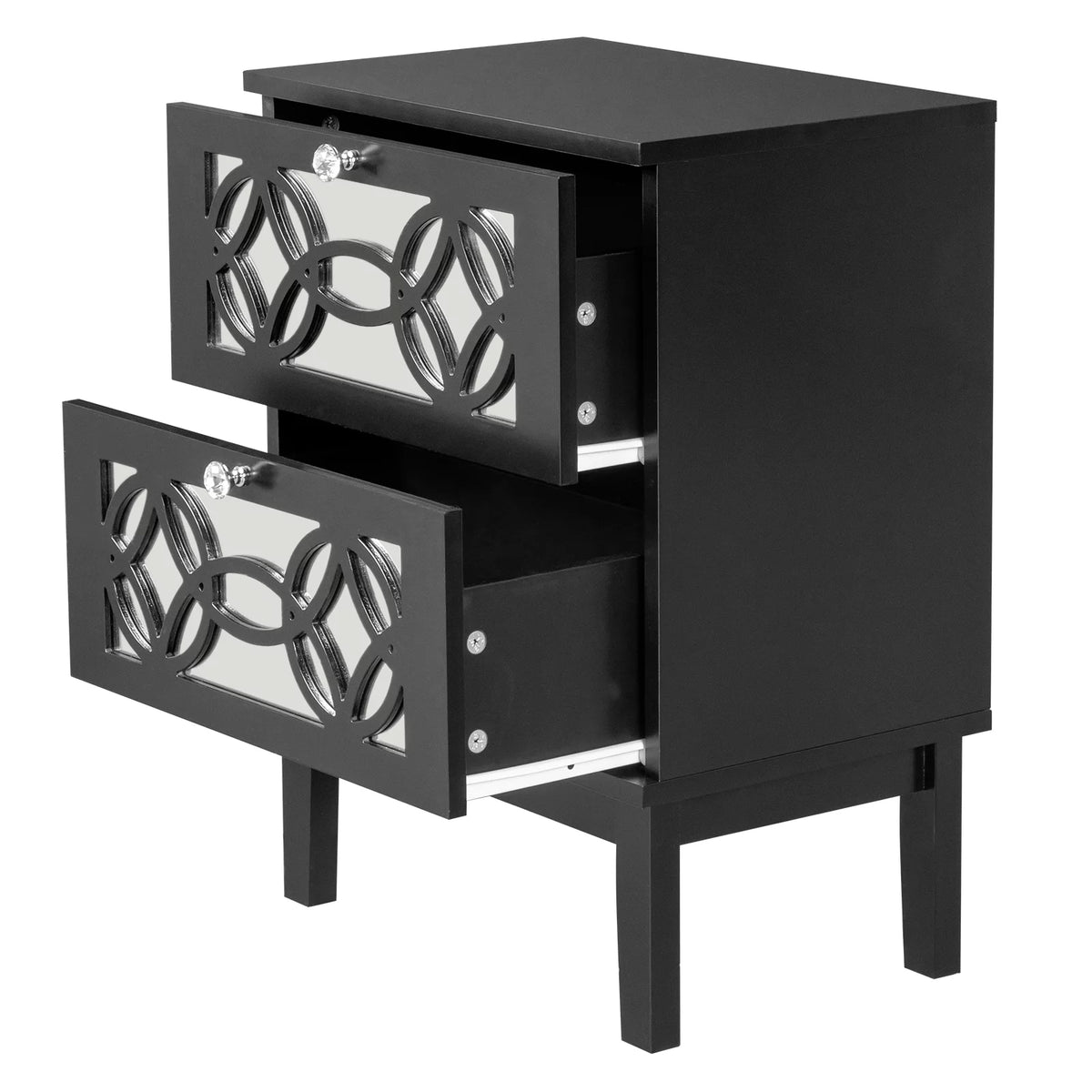 Black Modern Bedside Table with Storage Drawers and Smoked Mirror R690