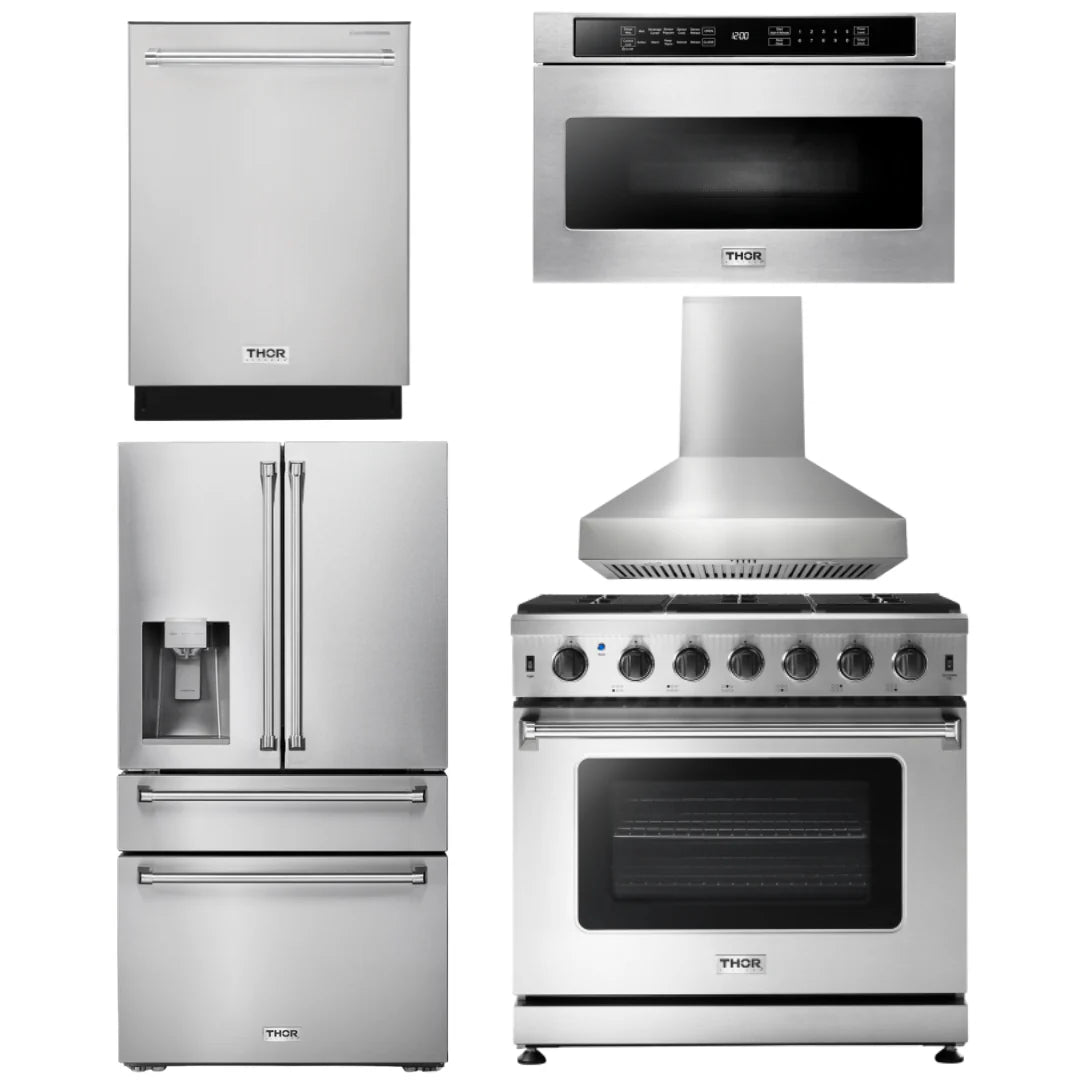 36 Inch Gas Range, Range Hood, Microwave, Refrigerator, Dishwasher L6045