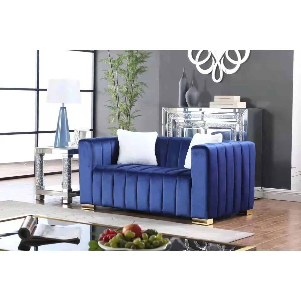 Navy Blue Velvet 2-Seat Sofa W118