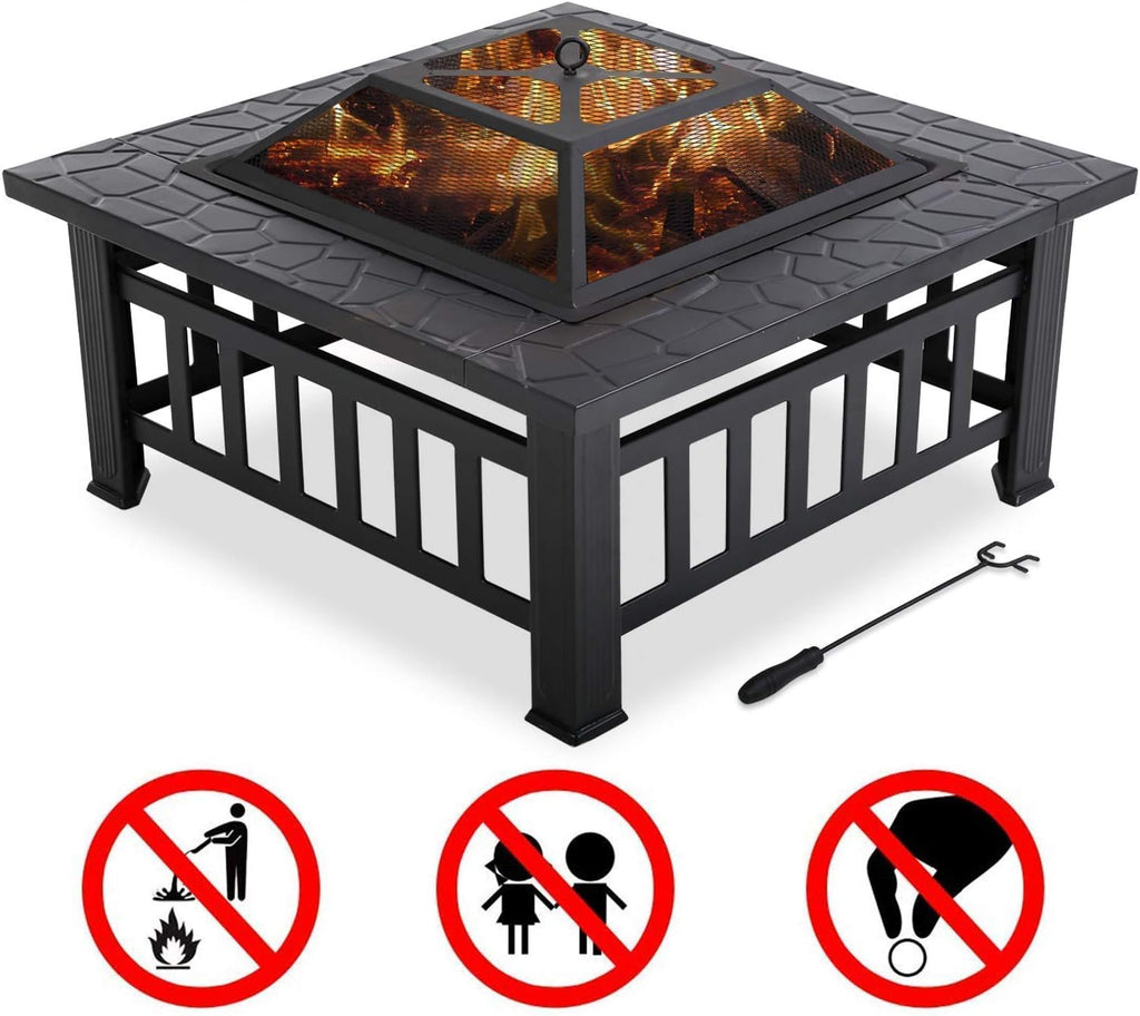 32 Metal Square Wood Burning Fire Pit with Charcoal Rack K385996