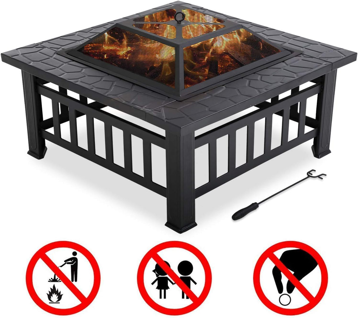 32 Metal Square Wood Burning Fire Pit with Charcoal Rack K385996
