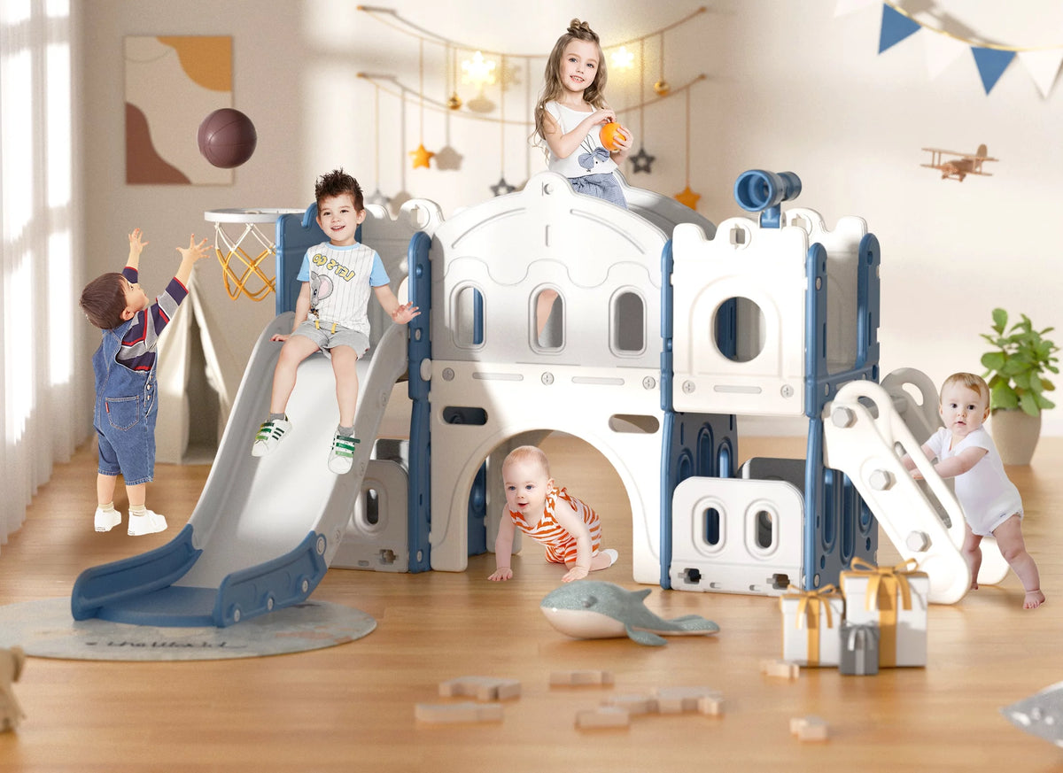 8 in 1 Toddler Slide with Climber, Basketball Hoop, Tunnel and Storage Space D100120