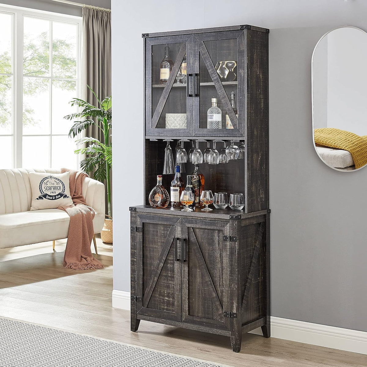Grey Wash Bar Cabinet with Glass Cabinet I3623