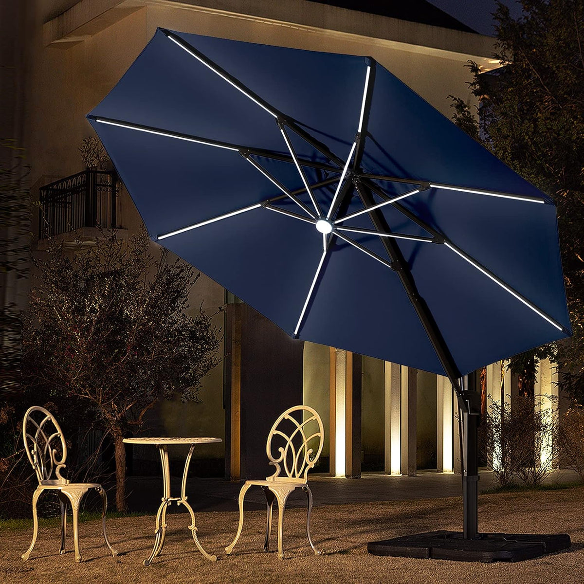 10 FT Solar LED Cantilever Patio Umbrella with Cross Base C956