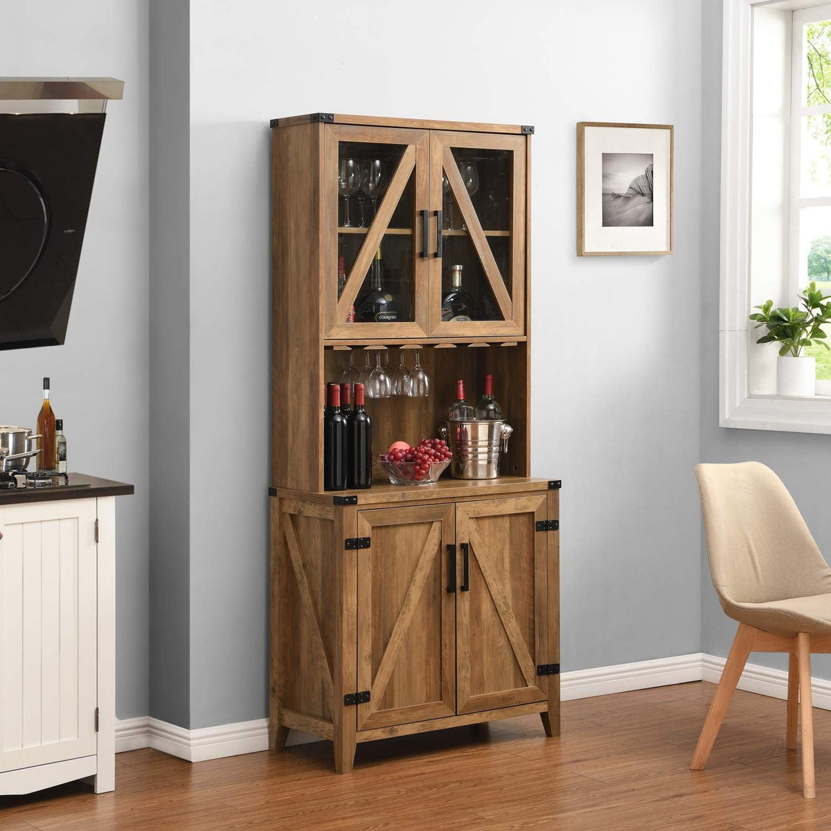Grey Wash Bar Cabinet with Glass Cabinet I3623