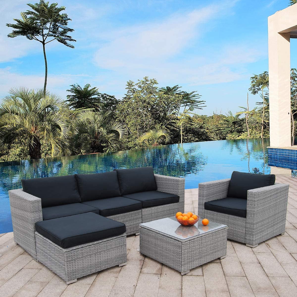 6 Pieces PE Rattan Wicker Outdoor Sofa Conversation Set with Cushions S1122