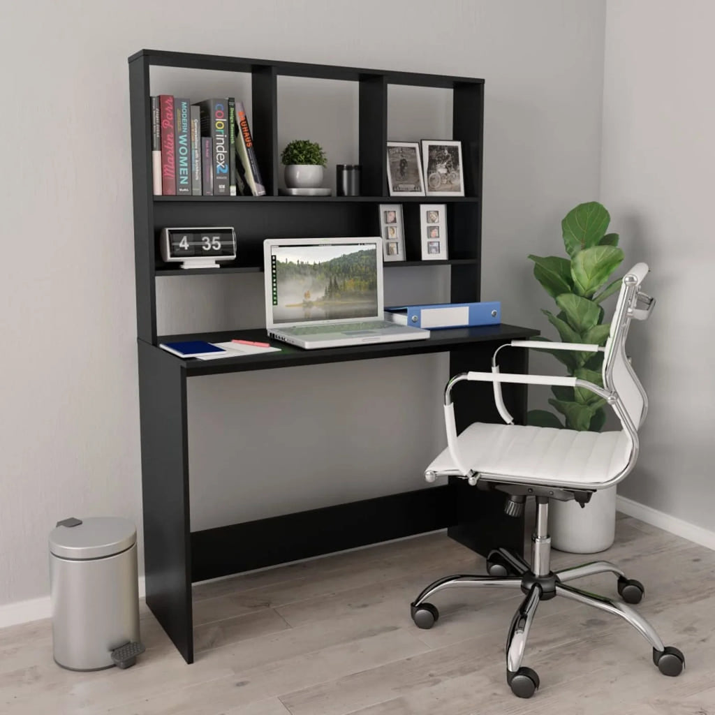 Black Engineered Wood Desk with Shelves I316