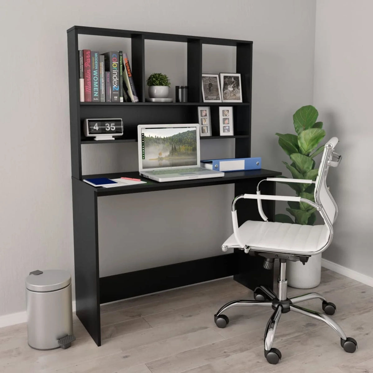 Black Engineered Wood Desk with Shelves I316