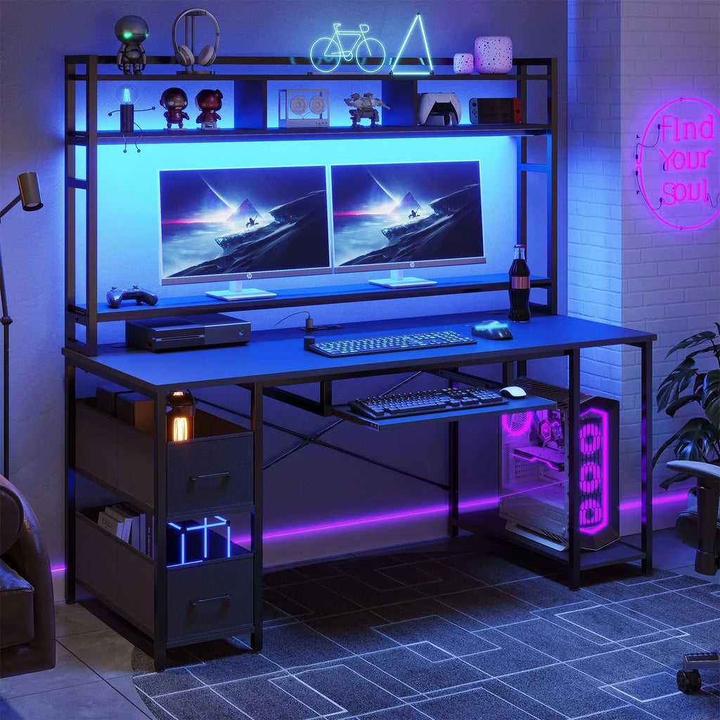 Black 55 inches Computer Gaming Desk with Bookshelf and 2 Drawers R684540