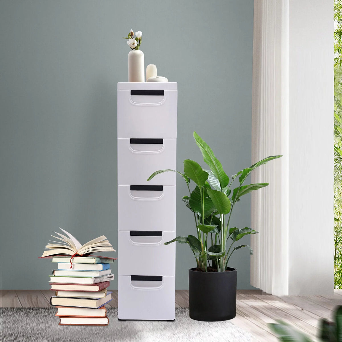 White Narrow Plastic 5 Drawer Dresser with Wheels H221325