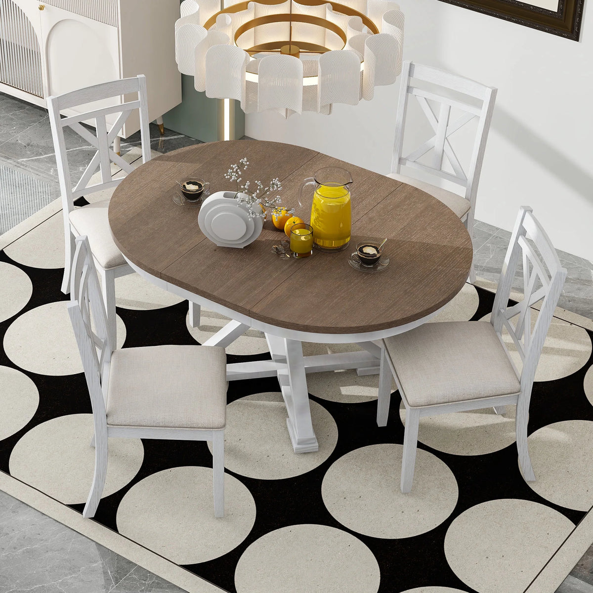 5-Piece Extendable Round Dining Table Set with 4 Upholstered Chairs E617