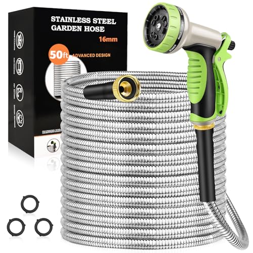 50FT Stainless Steel Heavy Duty Garden Hose with 10 Function Nozzle F222