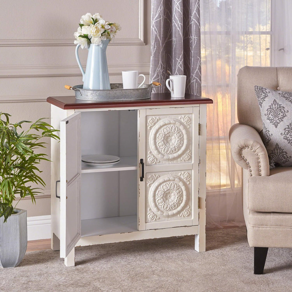 Distressed White Brown Firwood Cabinet V984