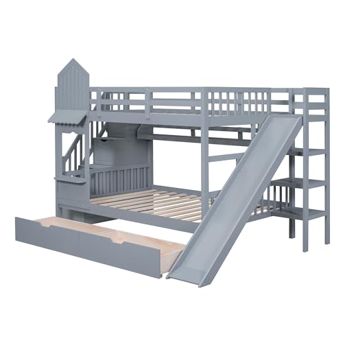 Full Over Full Solid Wood Bunk Bed with Slide and Storage Staircase N460