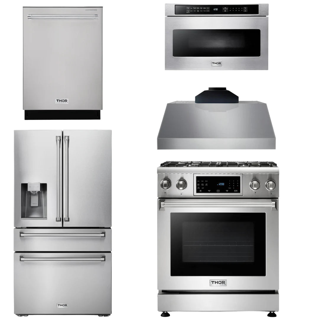 30 Gas Range, Range Hood, Microwave, Refrigerator with Water and Ice Dispenser, Dishwasher C453