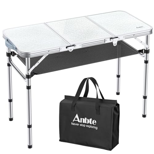 Folding Camping Table with Storage Net, 3 Adjustable Height, Pure Black J387173