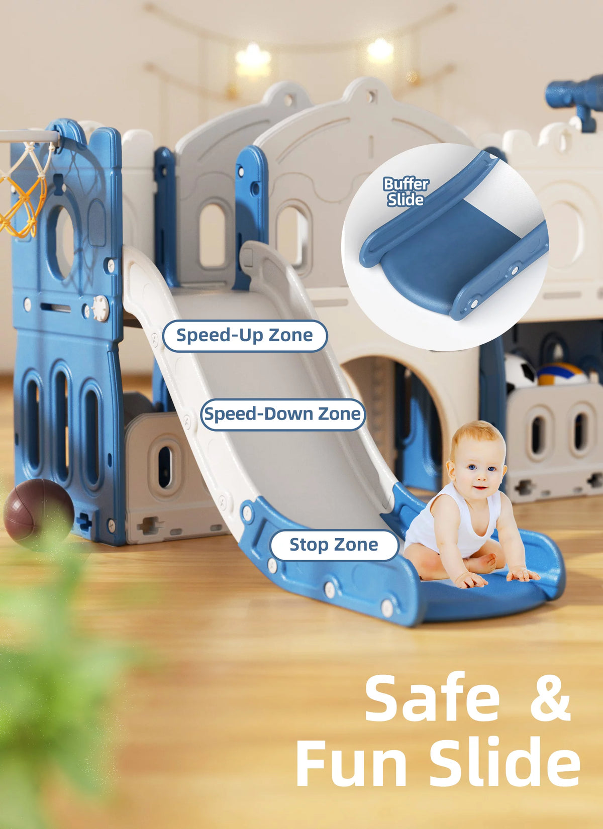 8 in 1 Toddler Slide with Climber, Basketball Hoop, Tunnel and Storage Space D100120