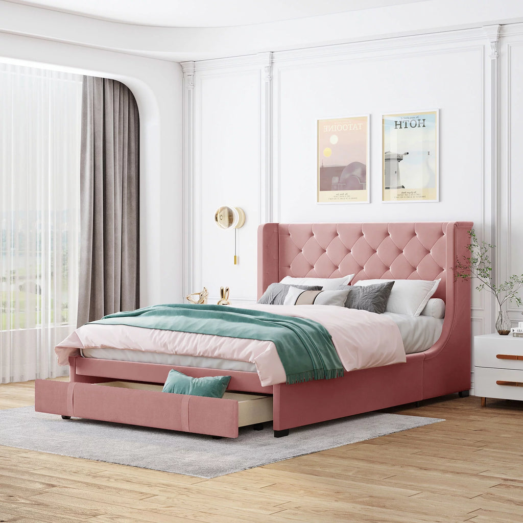 Queen Size Upholstered Platform Bed with Wingback Headboard and Drawer D895692