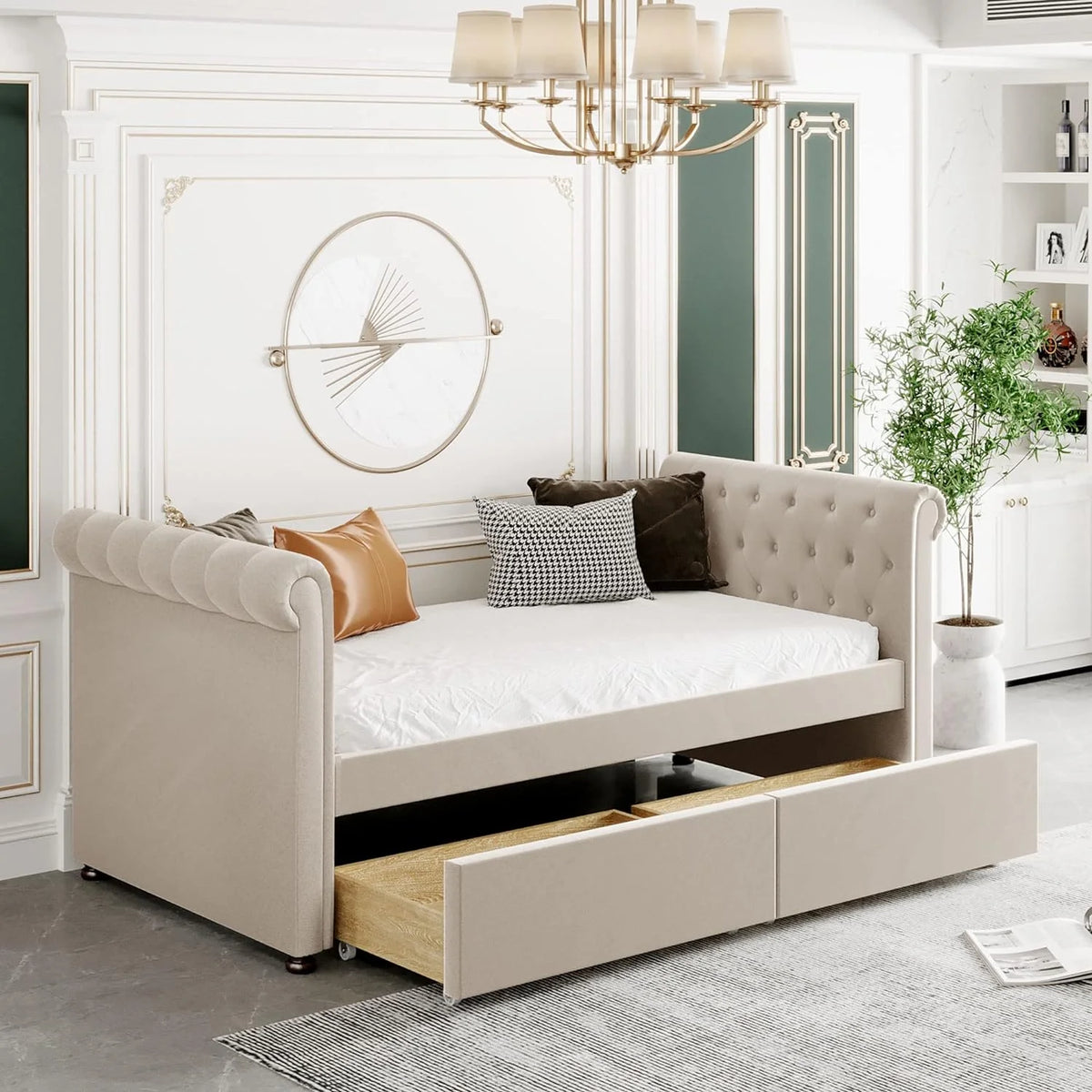 Beige Upholstered Daybed with Storage and 2 Drawers O18292