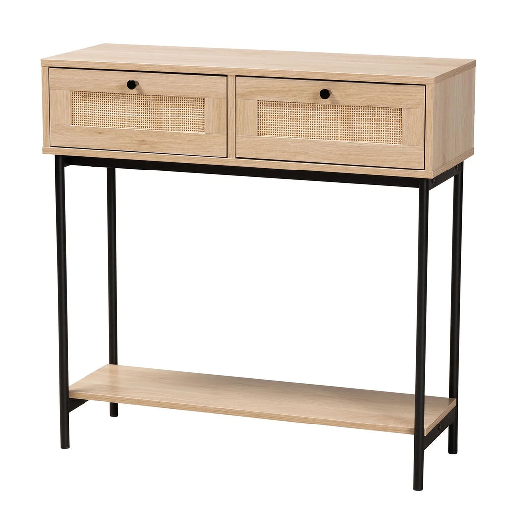 Brown and Black 2-Drawer Console Table with Rattan Accent G7314