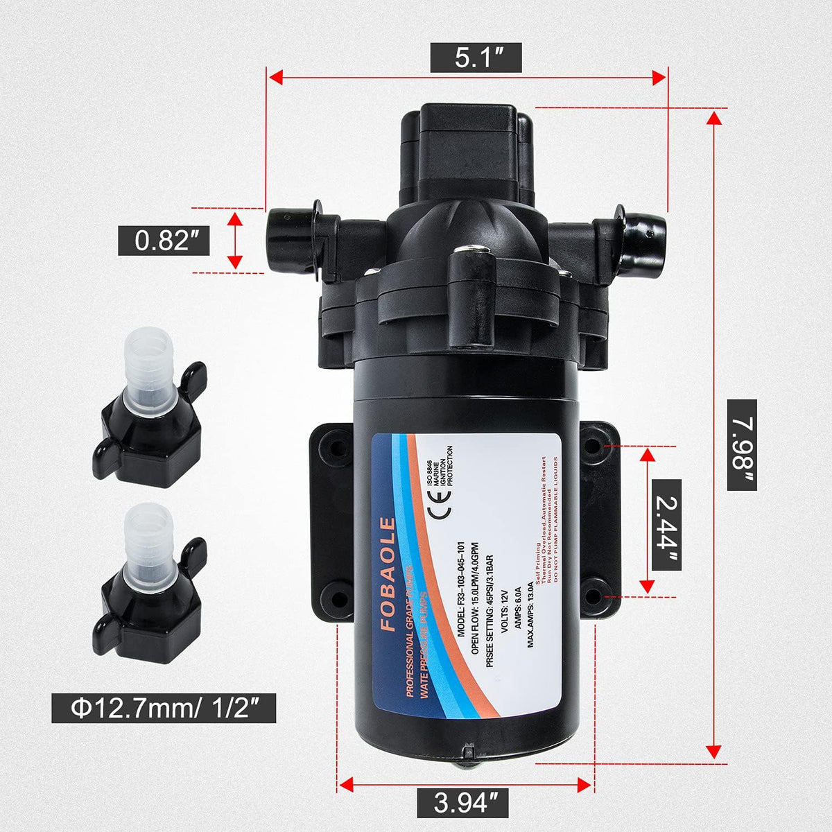 12V Fresh Water Pump with Pressure Switch 3.5 GPM 45 Psi I827