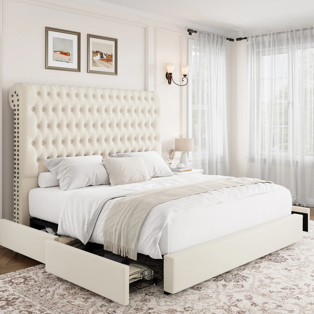 Queen Size Storage Bed with Tall Headboard and Drawers R838
