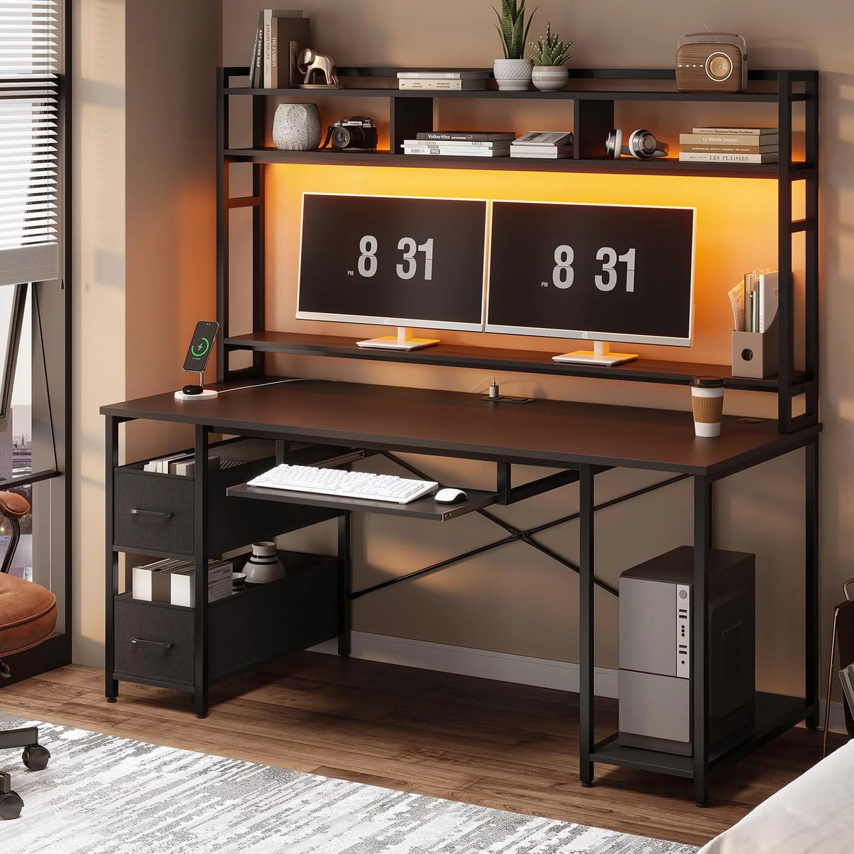 Black 55 inches Computer Gaming Desk with Bookshelf and 2 Drawers R684540