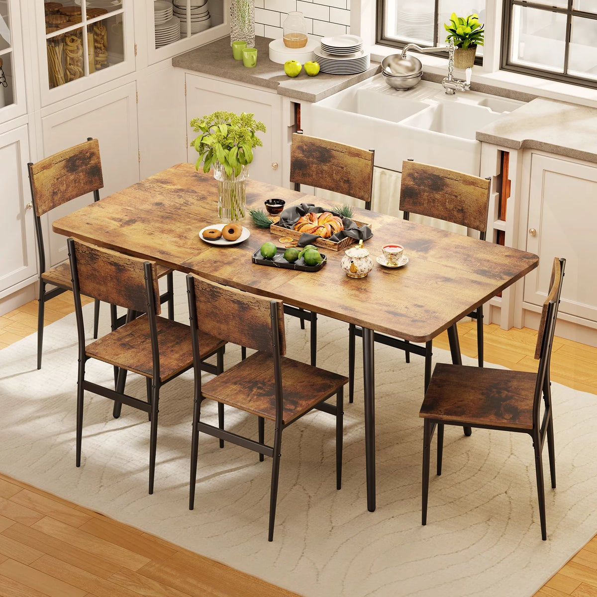 Extendable Kitchen Table Set for 4-6 People, 7-Piece Dining Table Set With 6 Chairs R26002
