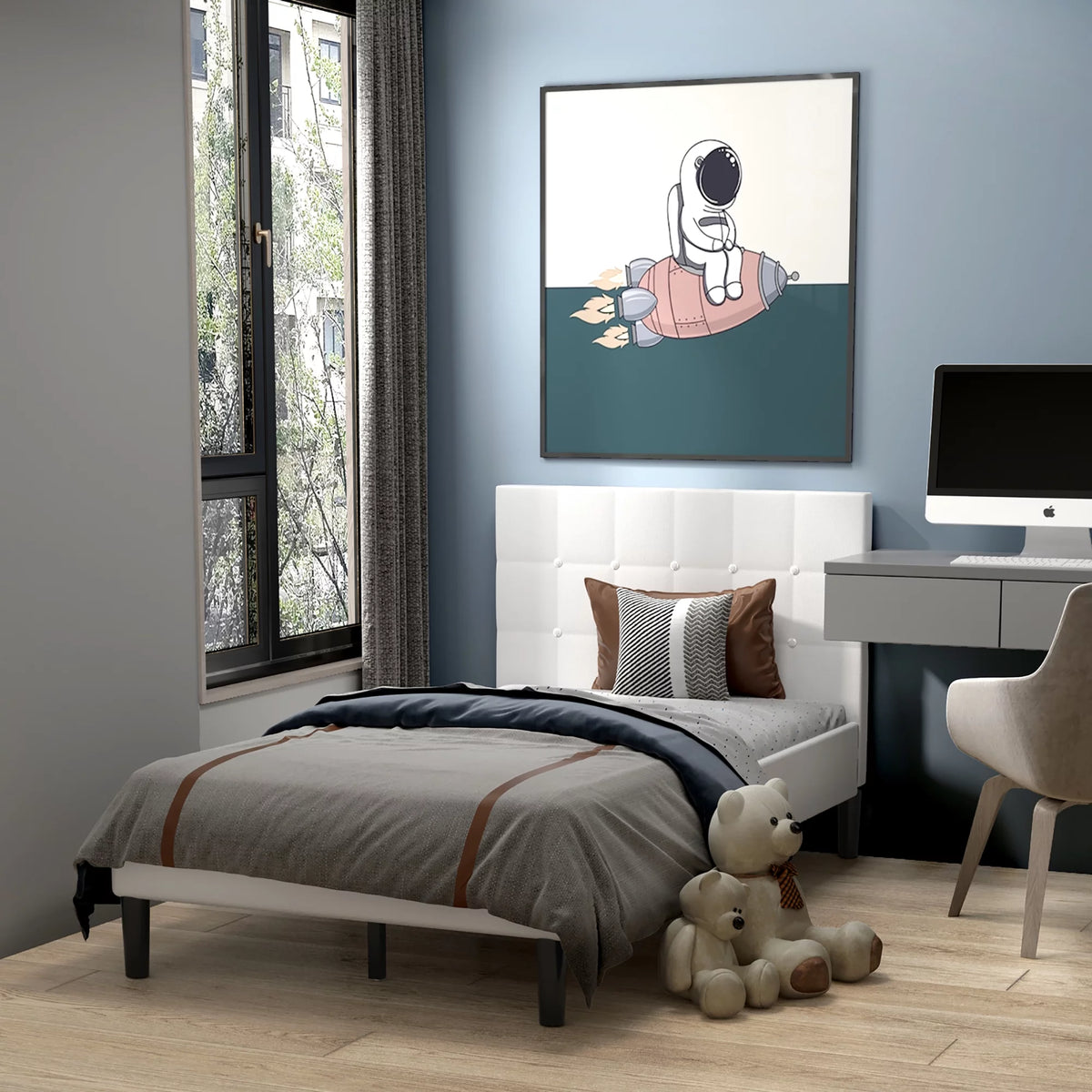 Twin Upholstered Bed Frame Button Tufted Headboard Beige V77374