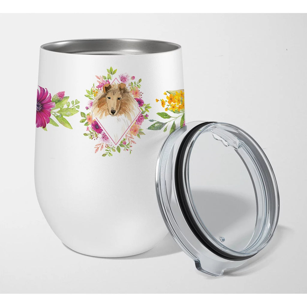 Collie Pink Flowers Stainless Steel 12 oz Stemless Wine Glass W1000