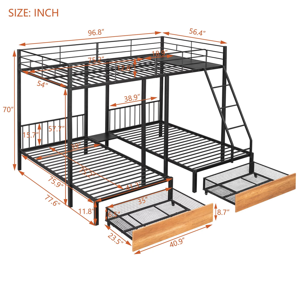 Black Metal Triple Bunk Bed with Drawers P803