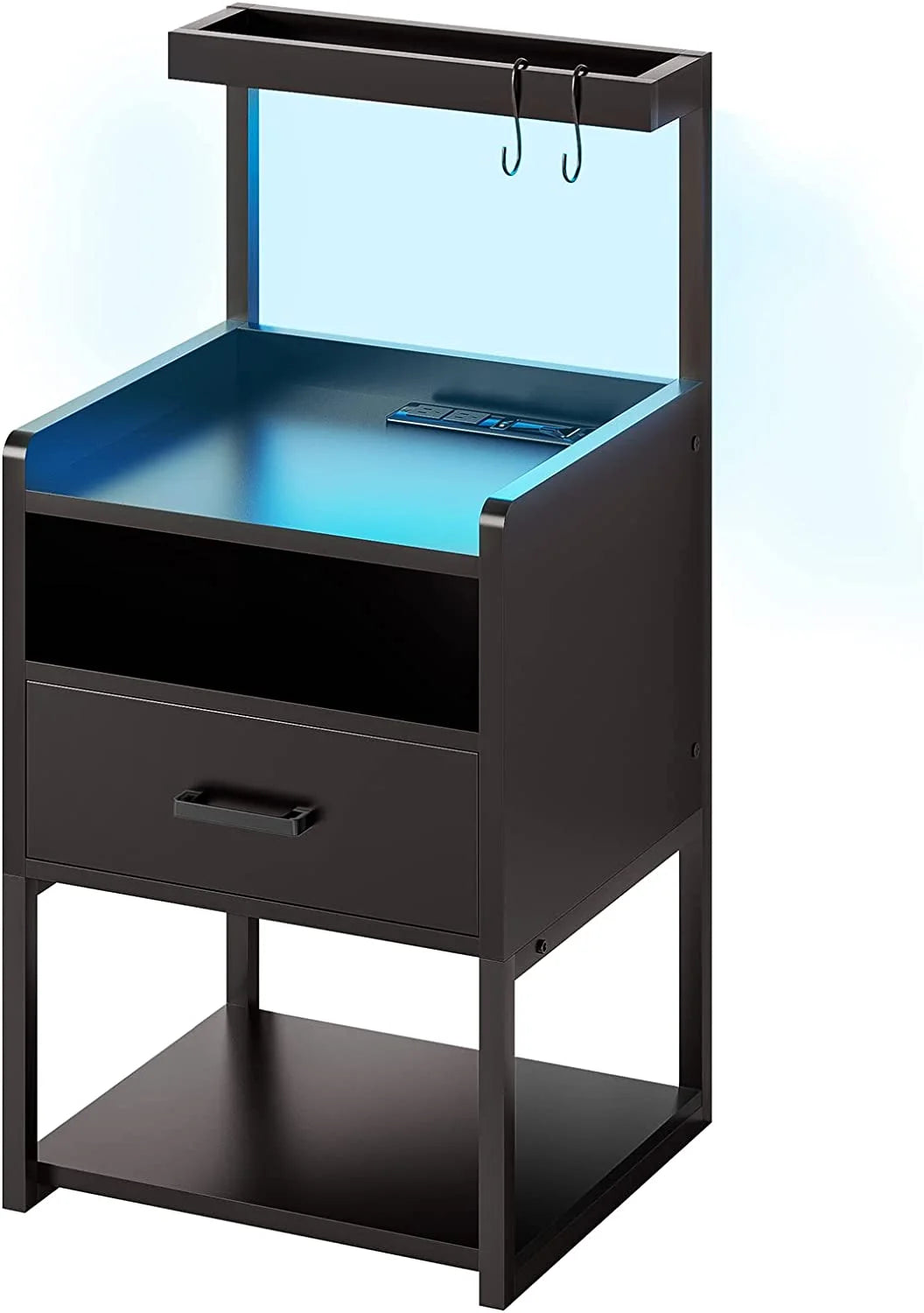 Black Nightstand with Charging Station and LED Lights B2726