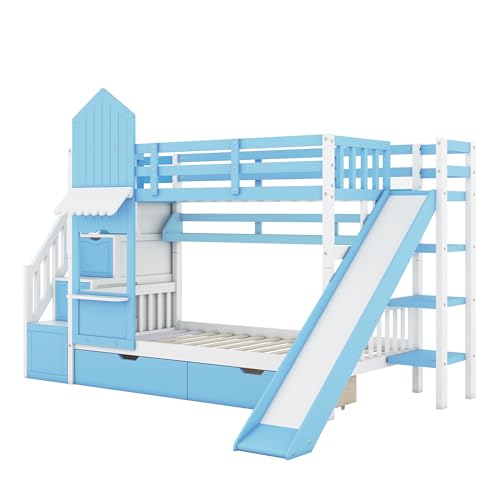 Full Over Full Solid Wood Bunk Bed with Slide and Storage Staircase N460