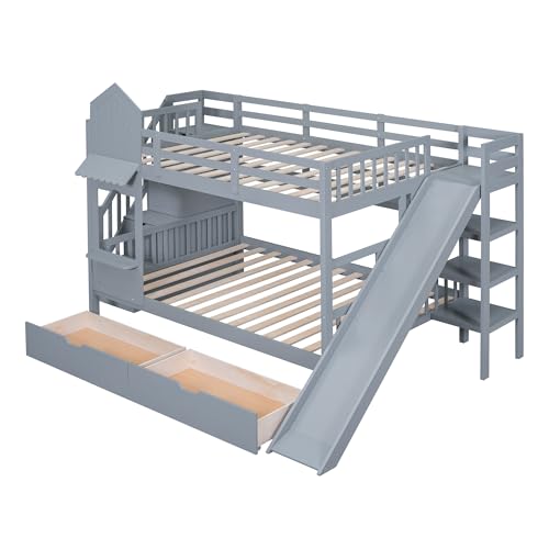 Full Over Full Solid Wood Bunk Bed with Slide and Storage Staircase N460
