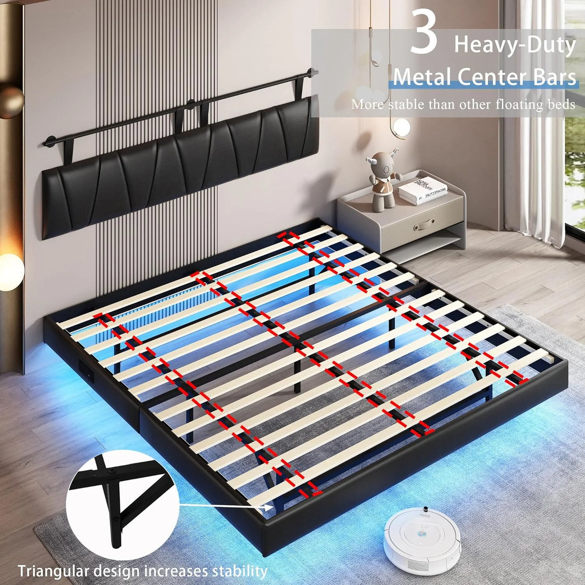 King Size Floating Upholstered Platform Bed with LED Light & Power Charging Station A5255